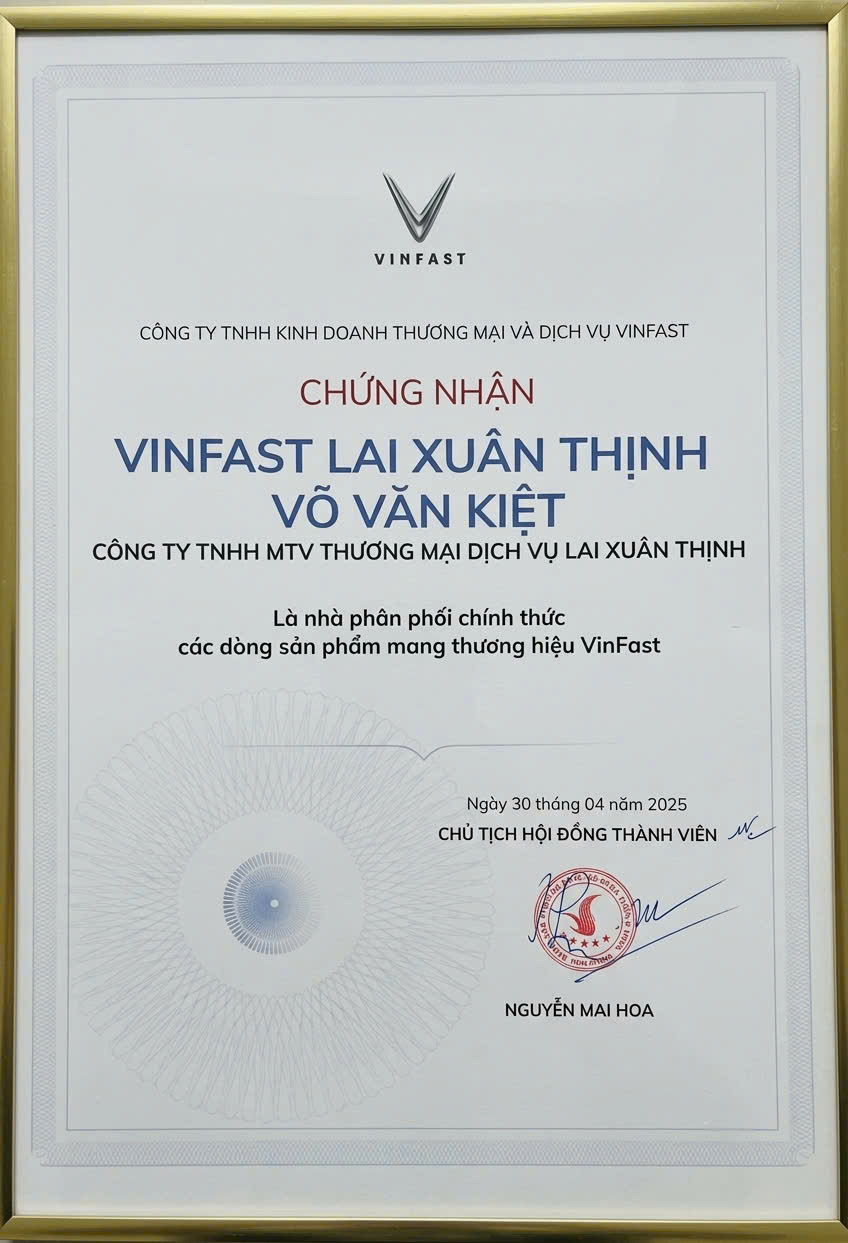 Giấy chứng nhận ủy quyền từ thương hiệu Vinfast